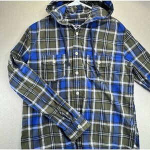 Aeropostale Hoodie Large Men's Hooded Blue & Green Plaid Shirt With Drawstrigs